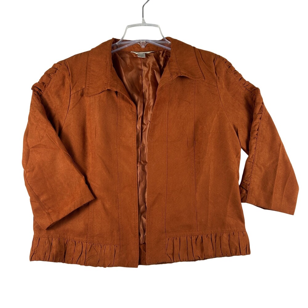 Christopher & Banks Jacket Womens Large Orange Ruffle Trim 3/4 Sleeve Open Front